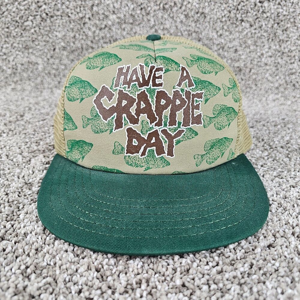 Vintage Fishing Hat Men Green Mesh Trucker Joke Funny Crappie Day USA Made Snap